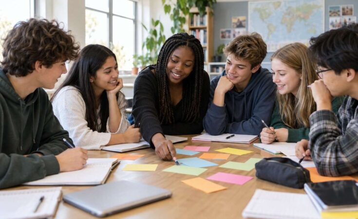 Seis compañeros de clase comparten ideas alrededor de una mesa con tarjetas de colores.