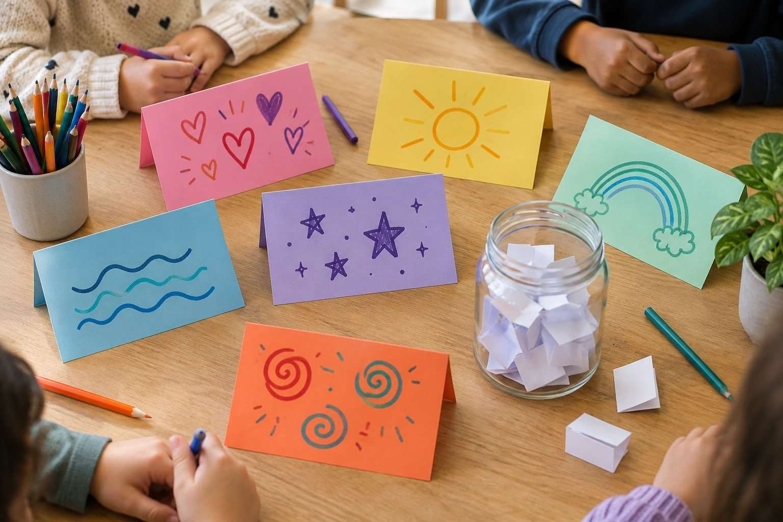 Tarjetas con dibujos y una urna de papelitos sobre una mesa de clase.