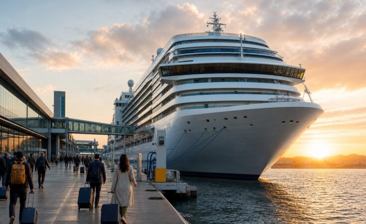 Crucero contemporáneo en una terminal moderna al amanecer con pasajeros embarcando