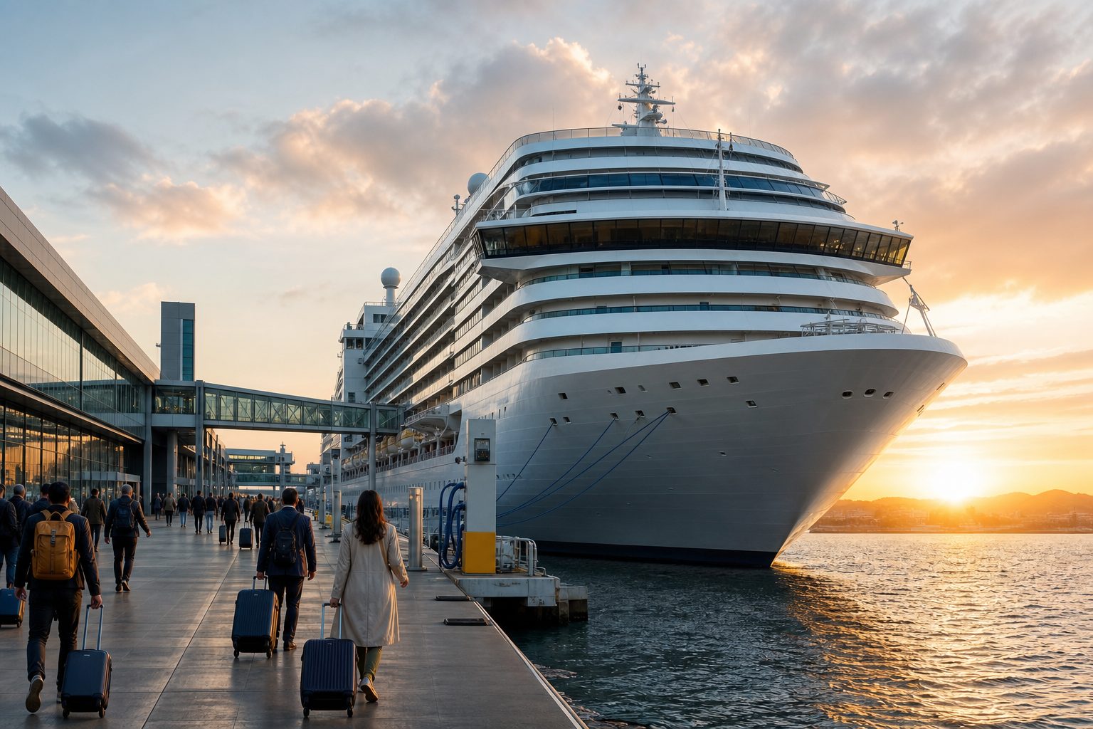 Crucero contemporáneo en una terminal moderna al amanecer con pasajeros embarcando